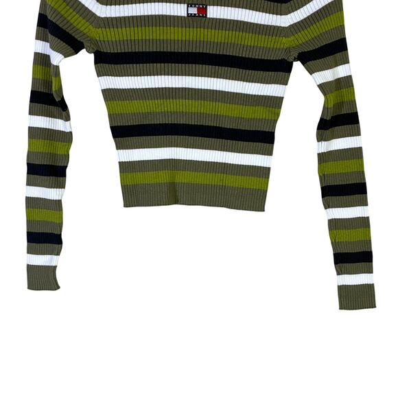 Tommy Hilfiger 100% Cotton Cropped Sweater Womens S Green Blue Striped Y2K 90s - Picture 5 of 7